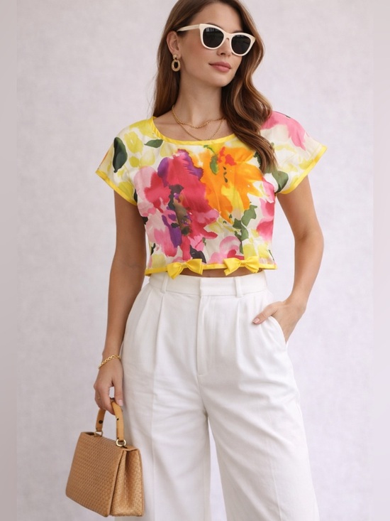 Oscar de la Renta Silk Floral Bow Blouse Yellow Size 8